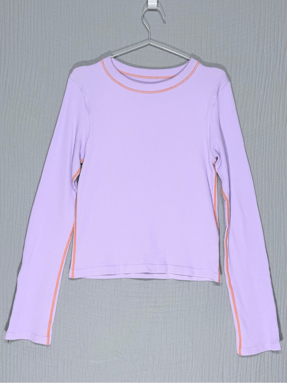 OQQ | Ribbed Long Sleeve Tee with Contrast Trim - Lavender size L
